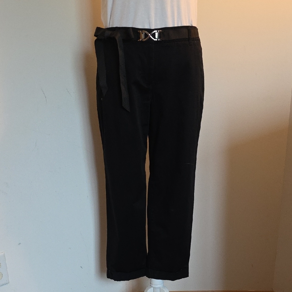 White House Black Market Black Cropped Straight-Leg Pants with Belt Detail